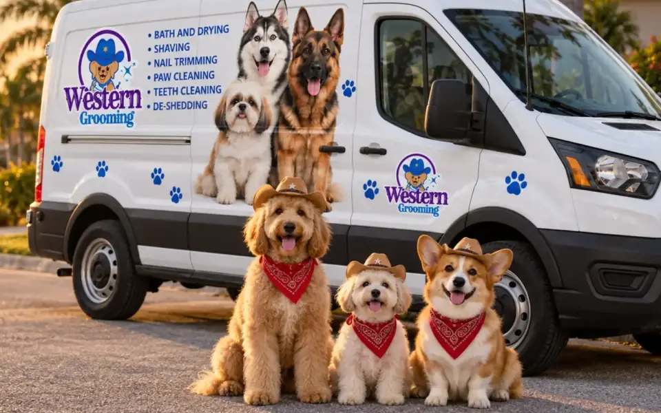 Western Grooming mobile grooming van parked on a Central Florida street, with three groomed dogs in front